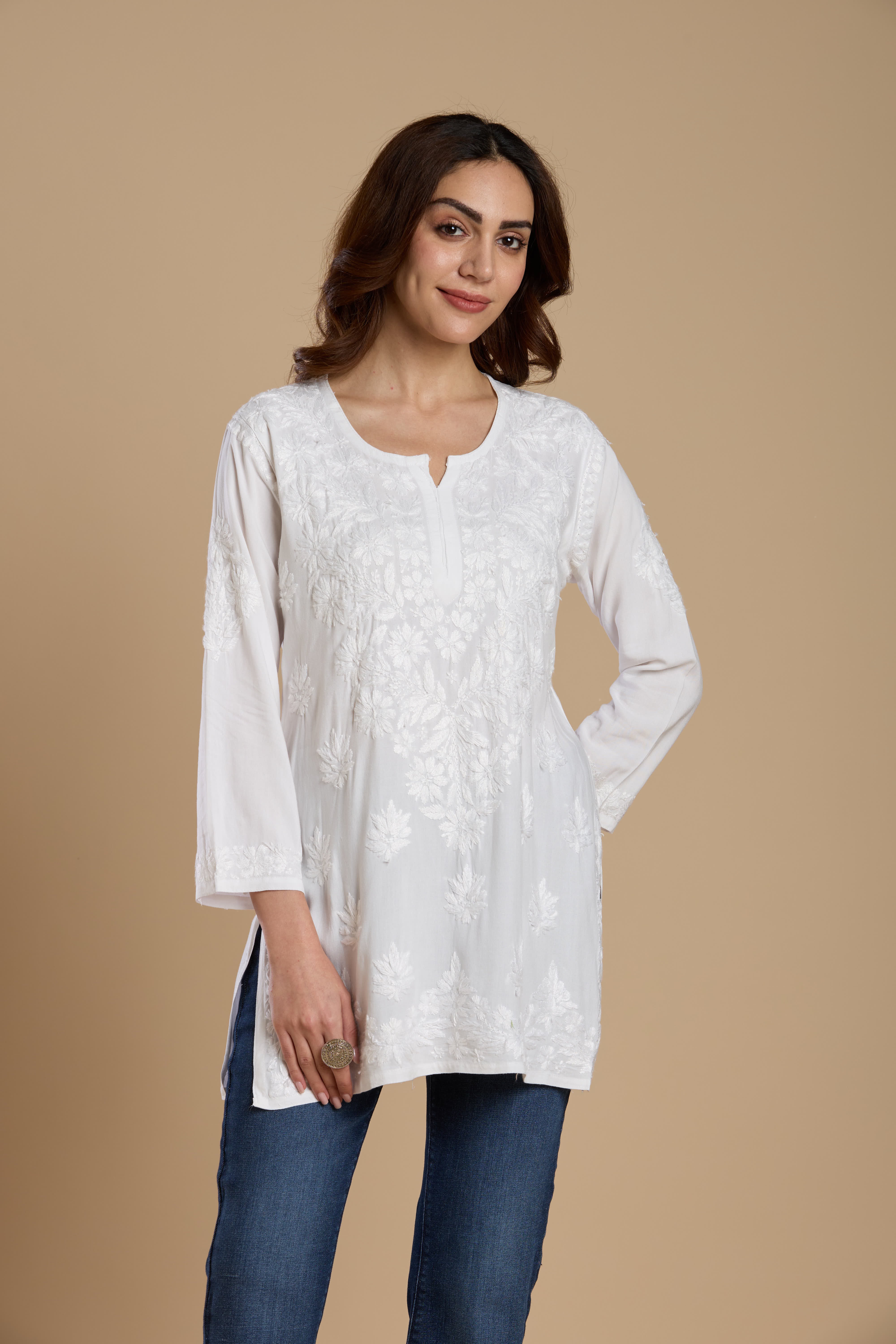 Ivory Hand-Embroidered Chikankari Short Kurta
