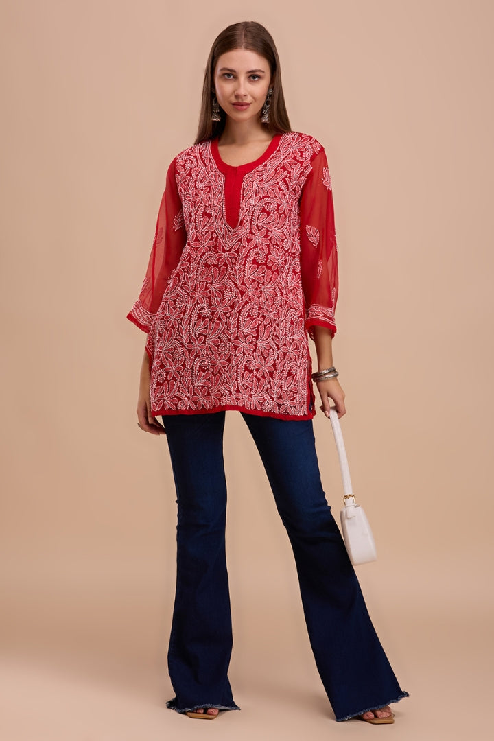 White On Red Georgette Short Lucknowi Chikankari Kurta