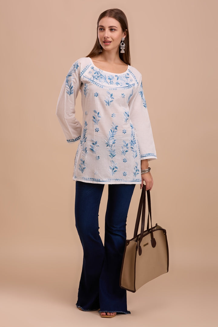 Blue On White Short Lucknowi Chikankari Kurta