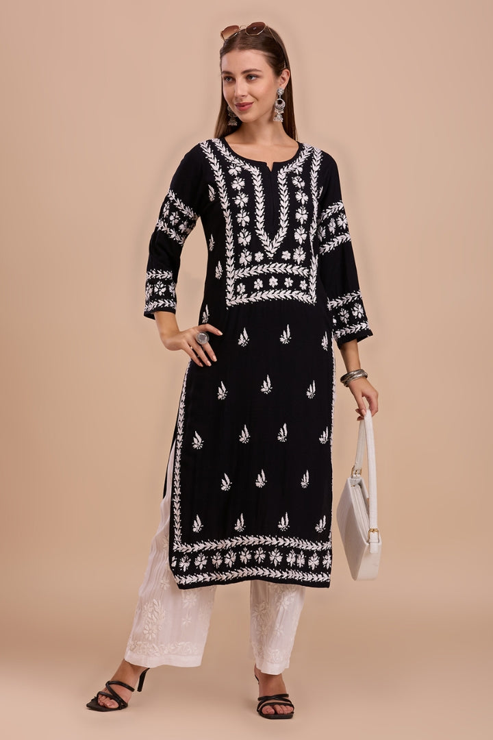 White On Black Long Lucknowi Chikankari Kurta