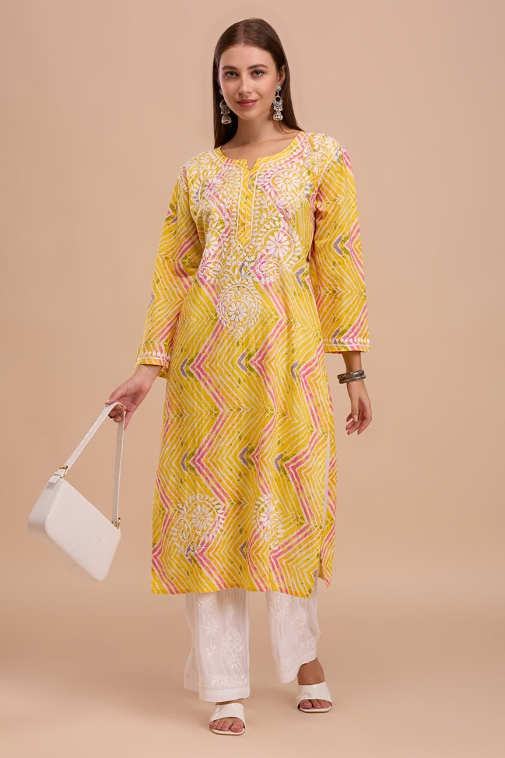 Yellow Lehariya Print Long Chikankari Kurta