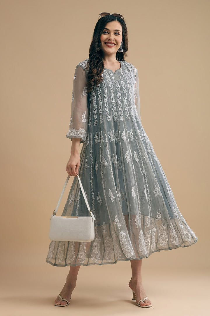 Grey 56 Kali Georgette Lucknowi Chikankari Gown