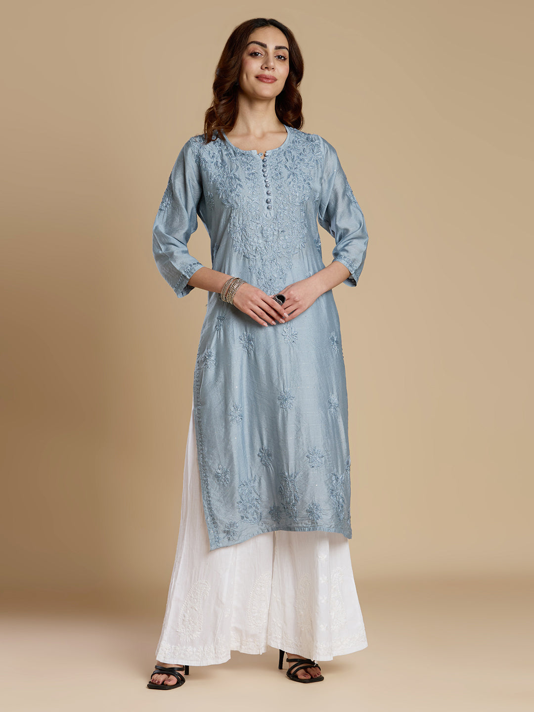 Bluish Grey Chanderi Lucknowi Chikankari Kurta
