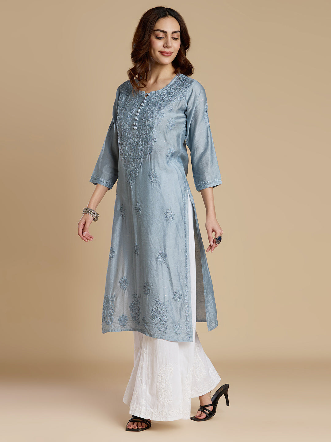 Bluish Grey Chanderi Lucknowi Chikankari Kurta
