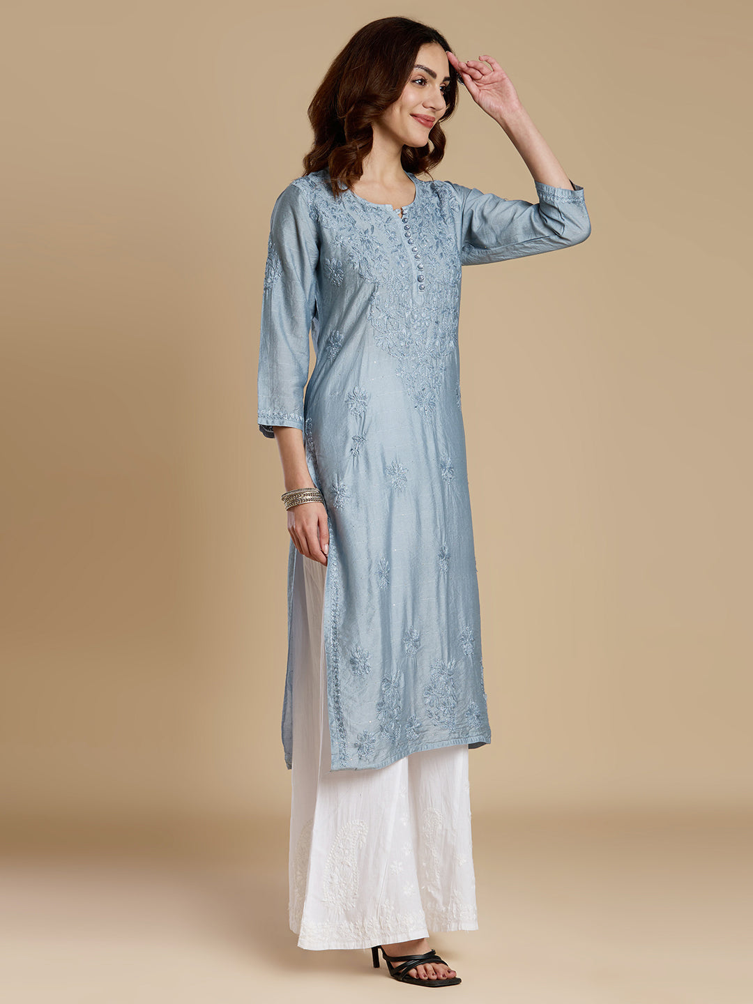 Bluish Grey Chanderi Lucknowi Chikankari Kurta