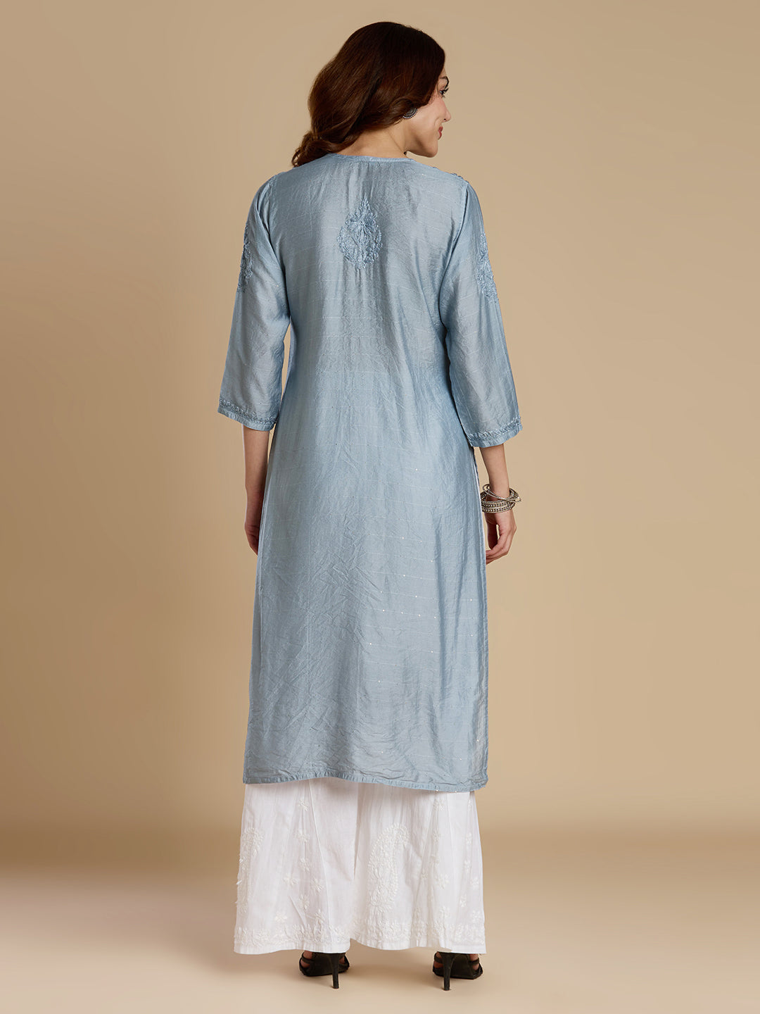 Bluish Grey Chanderi Lucknowi Chikankari Kurta
