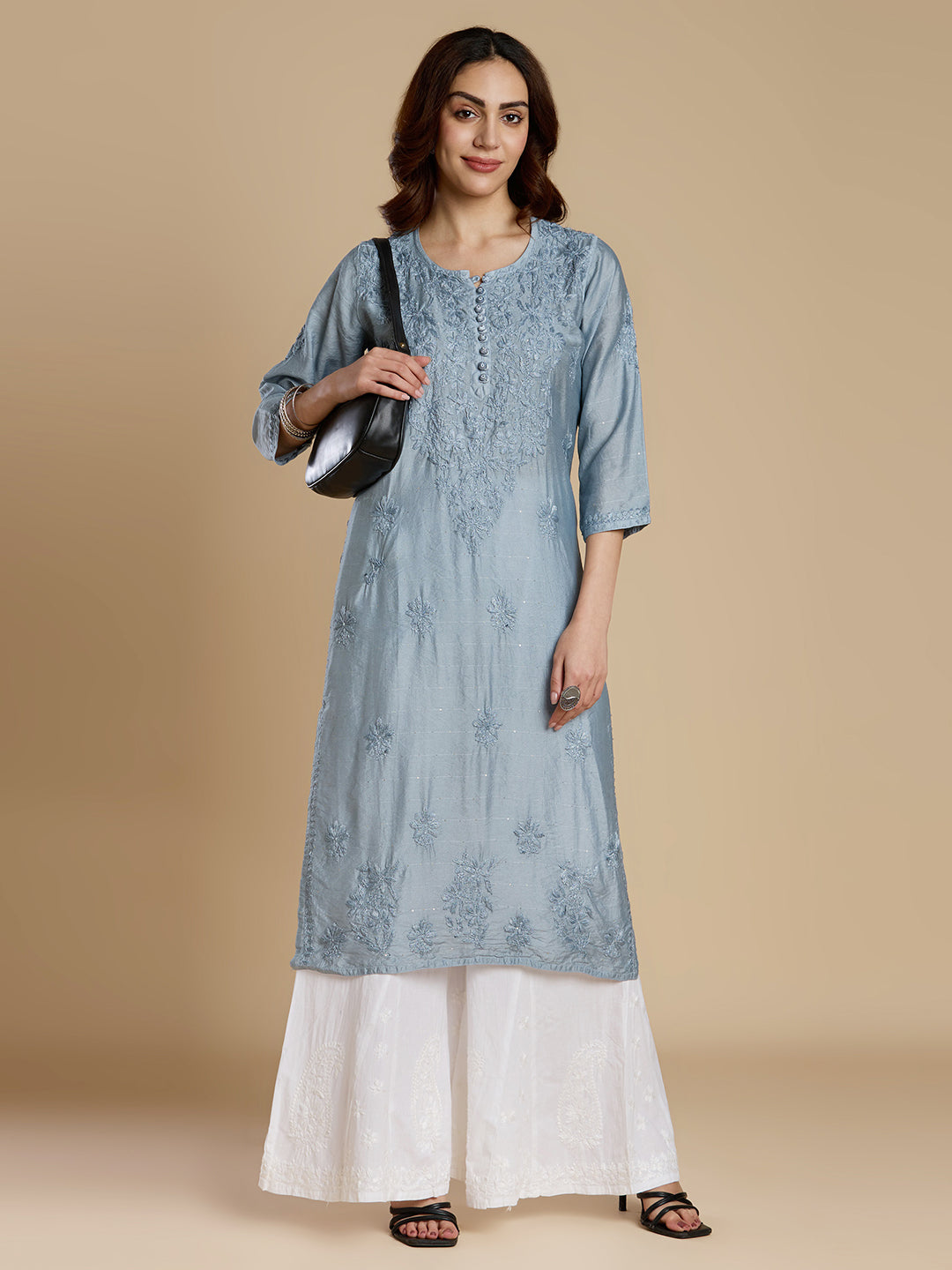 Bluish Grey Chanderi Lucknowi Chikankari Kurta