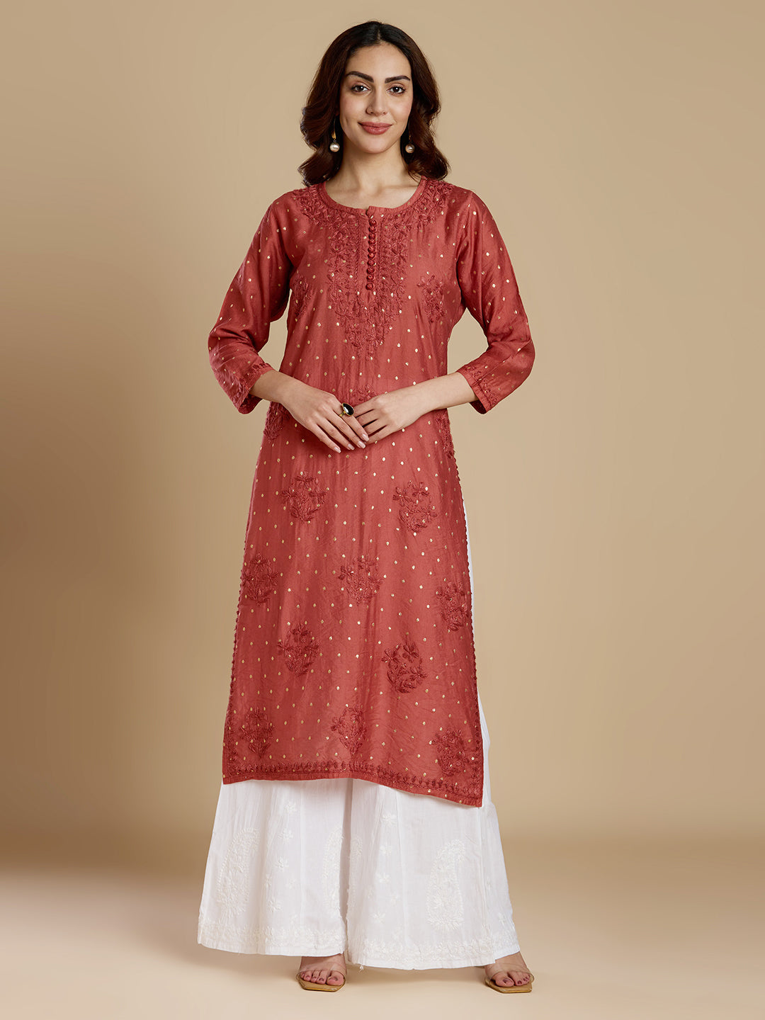 Rust Red Chanderi Lucknowi Chikankari Kurta