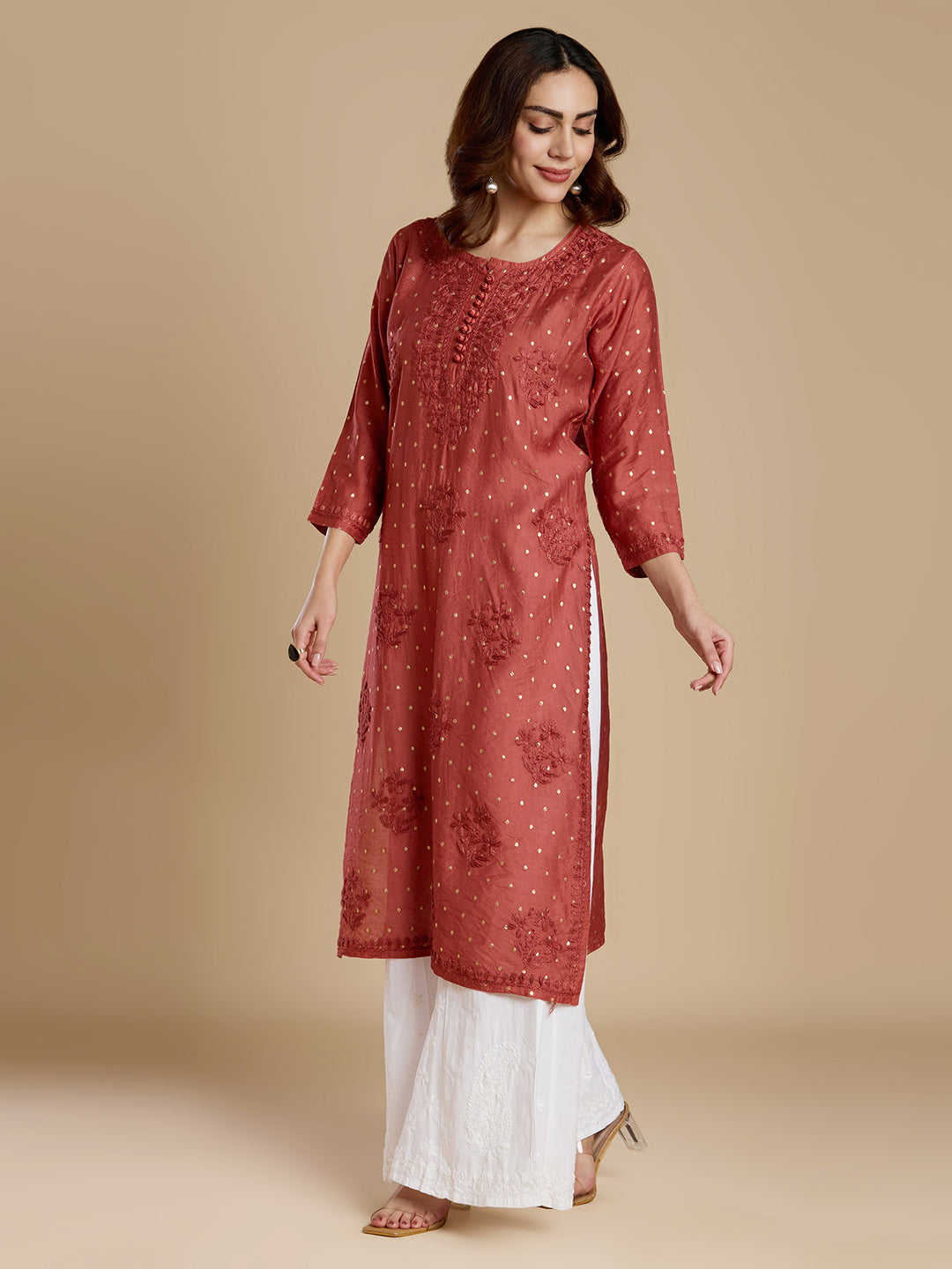 Rust Red Chanderi Lucknowi Chikankari Kurta