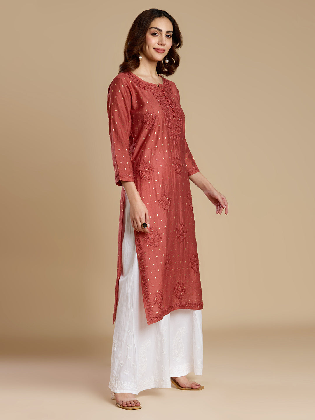 Rust Red Chanderi Lucknowi Chikankari Kurta