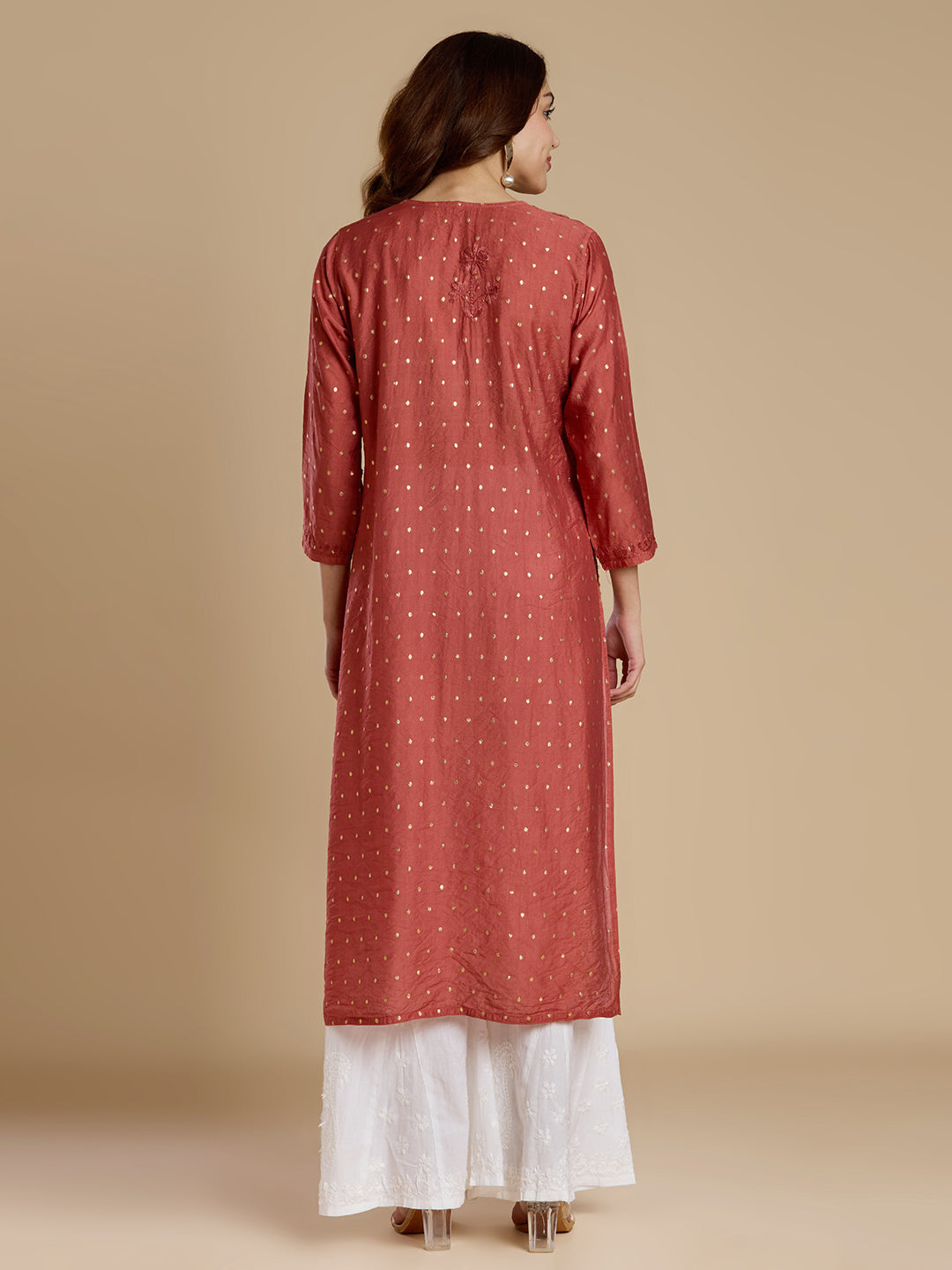 Rust Red Chanderi Lucknowi Chikankari Kurta