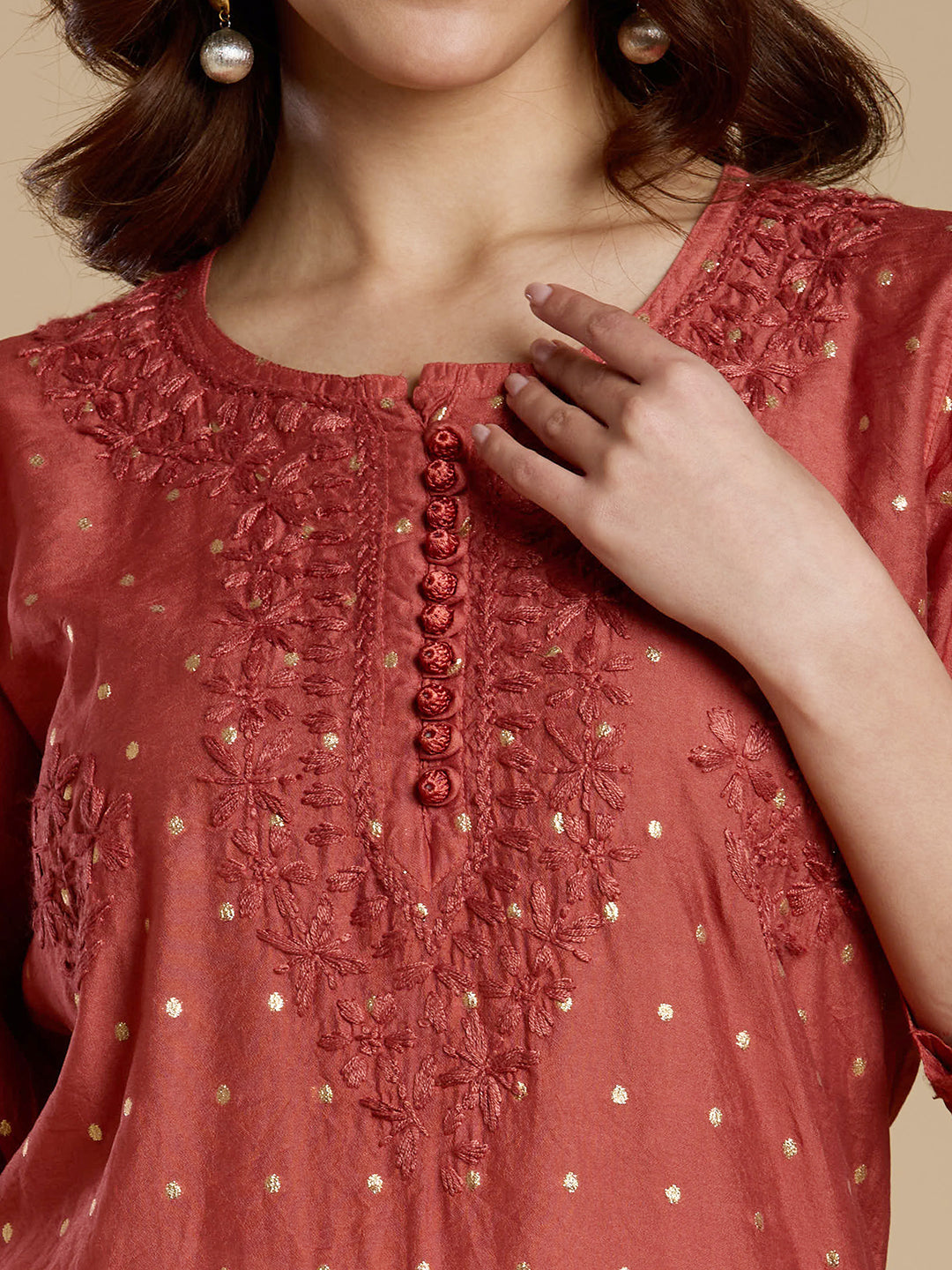 Rust Red Chanderi Lucknowi Chikankari Kurta