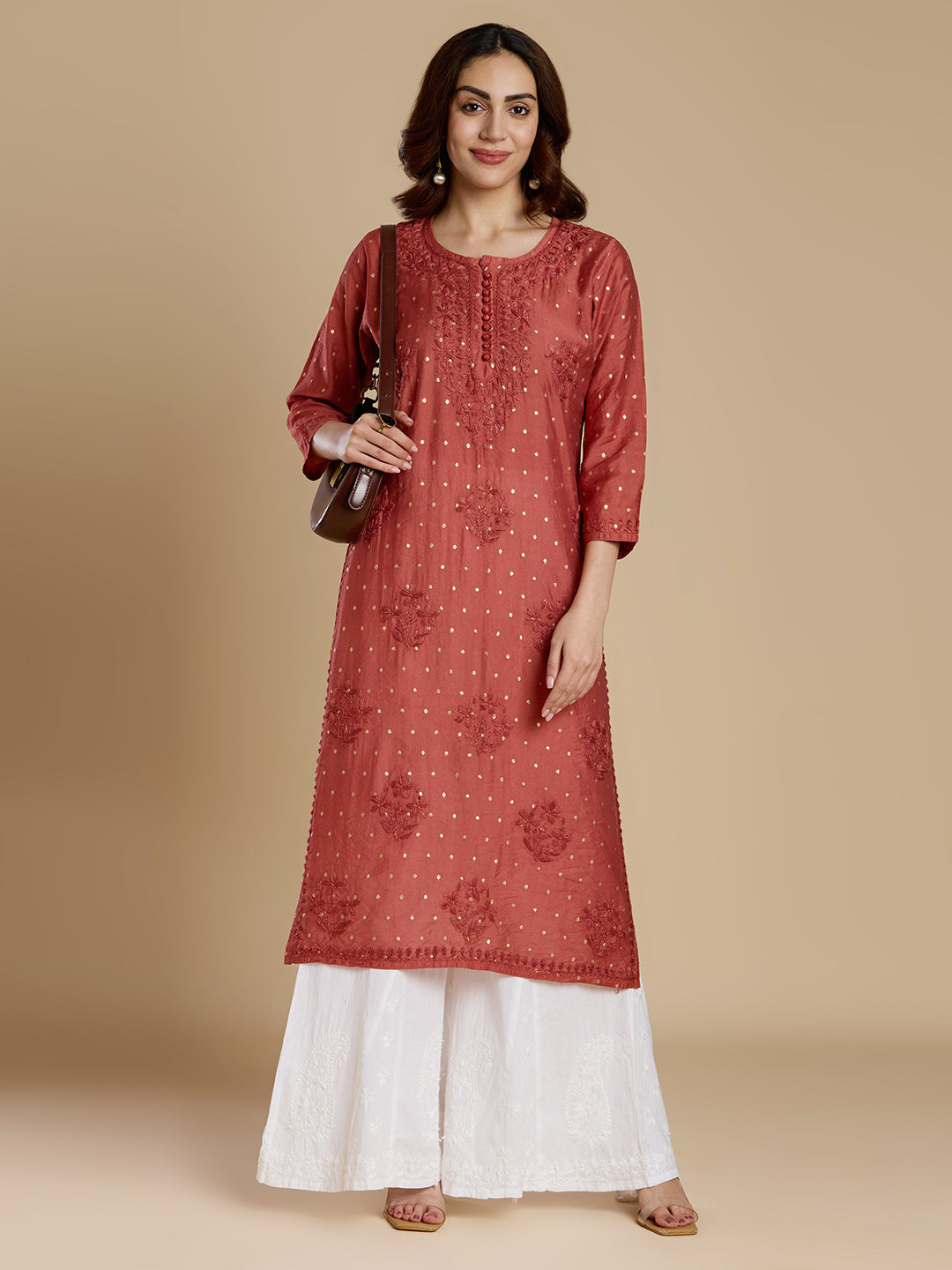 Rust Red Chanderi Lucknowi Chikankari Kurta