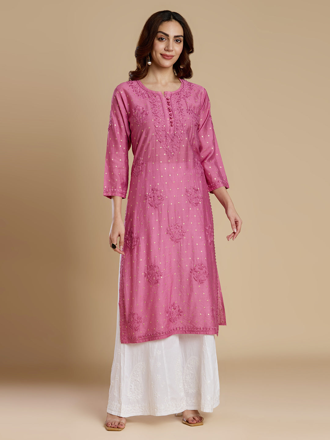 Bubblegum Pink Chanderi Lucknowi Chikankari Kurta
