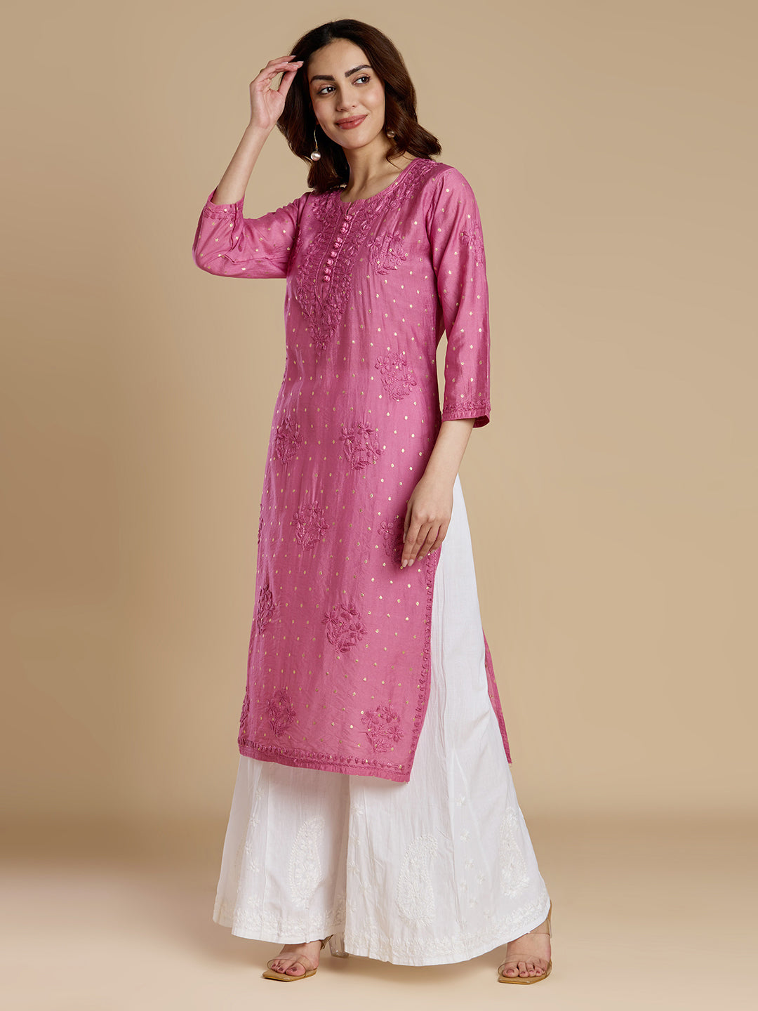 Bubblegum Pink Chanderi Lucknowi Chikankari Kurta