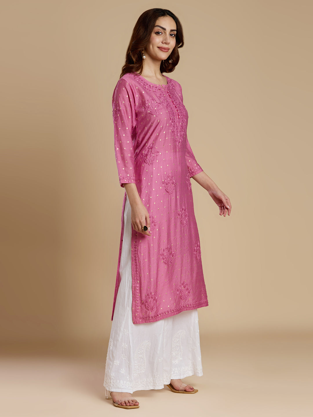Bubblegum Pink Chanderi Lucknowi Chikankari Kurta
