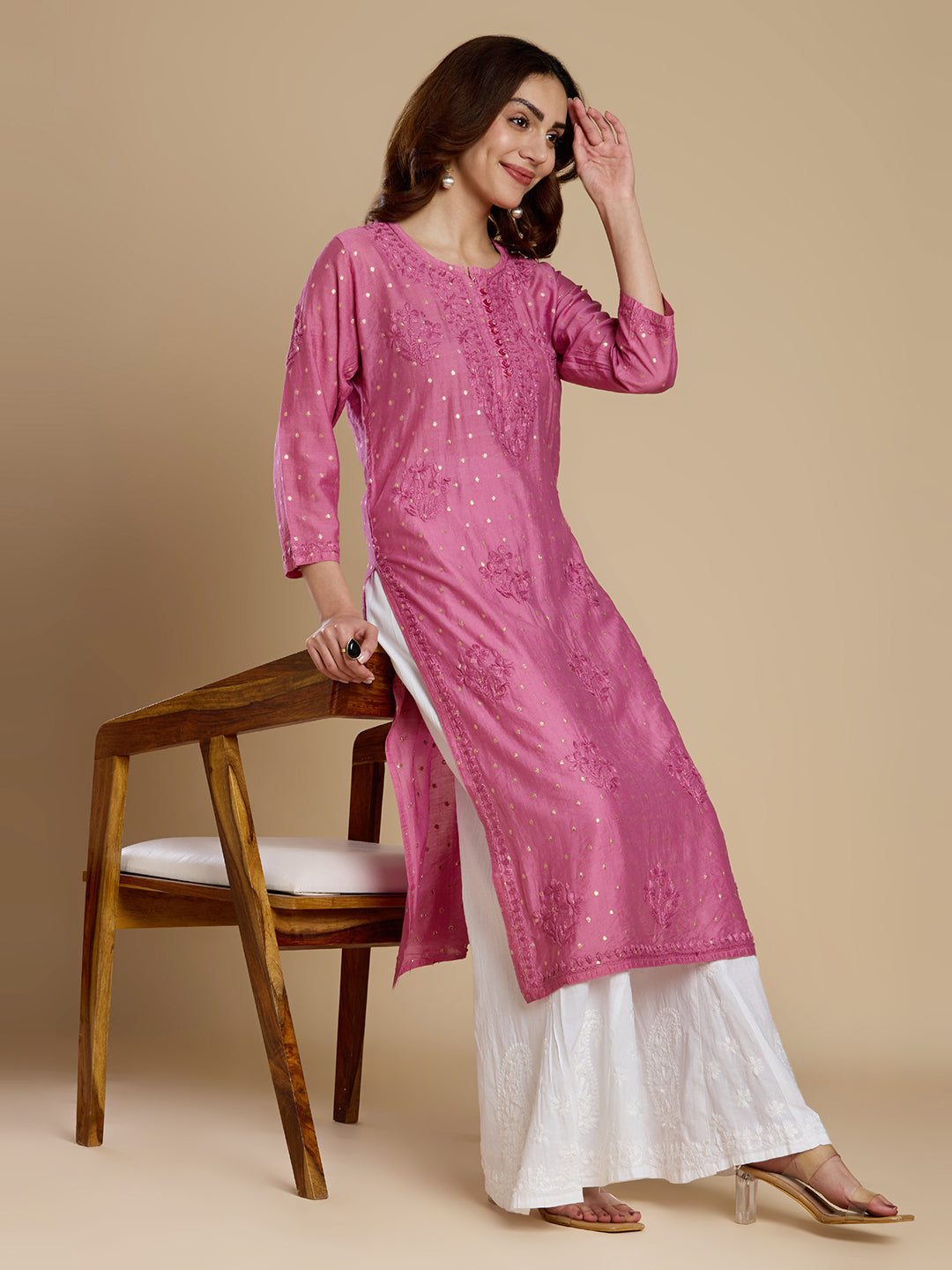 Bubblegum Pink Chanderi Lucknowi Chikankari Kurta