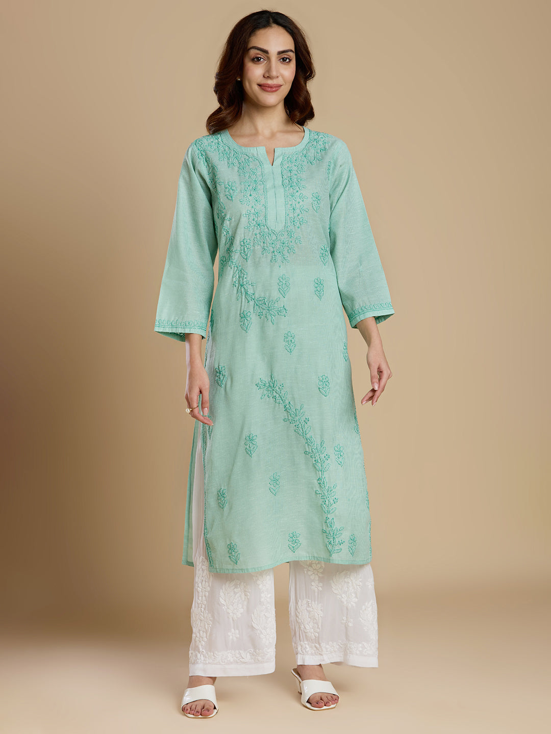 Mint Green Linen Cotton Lucknowi Chikankari Kurta