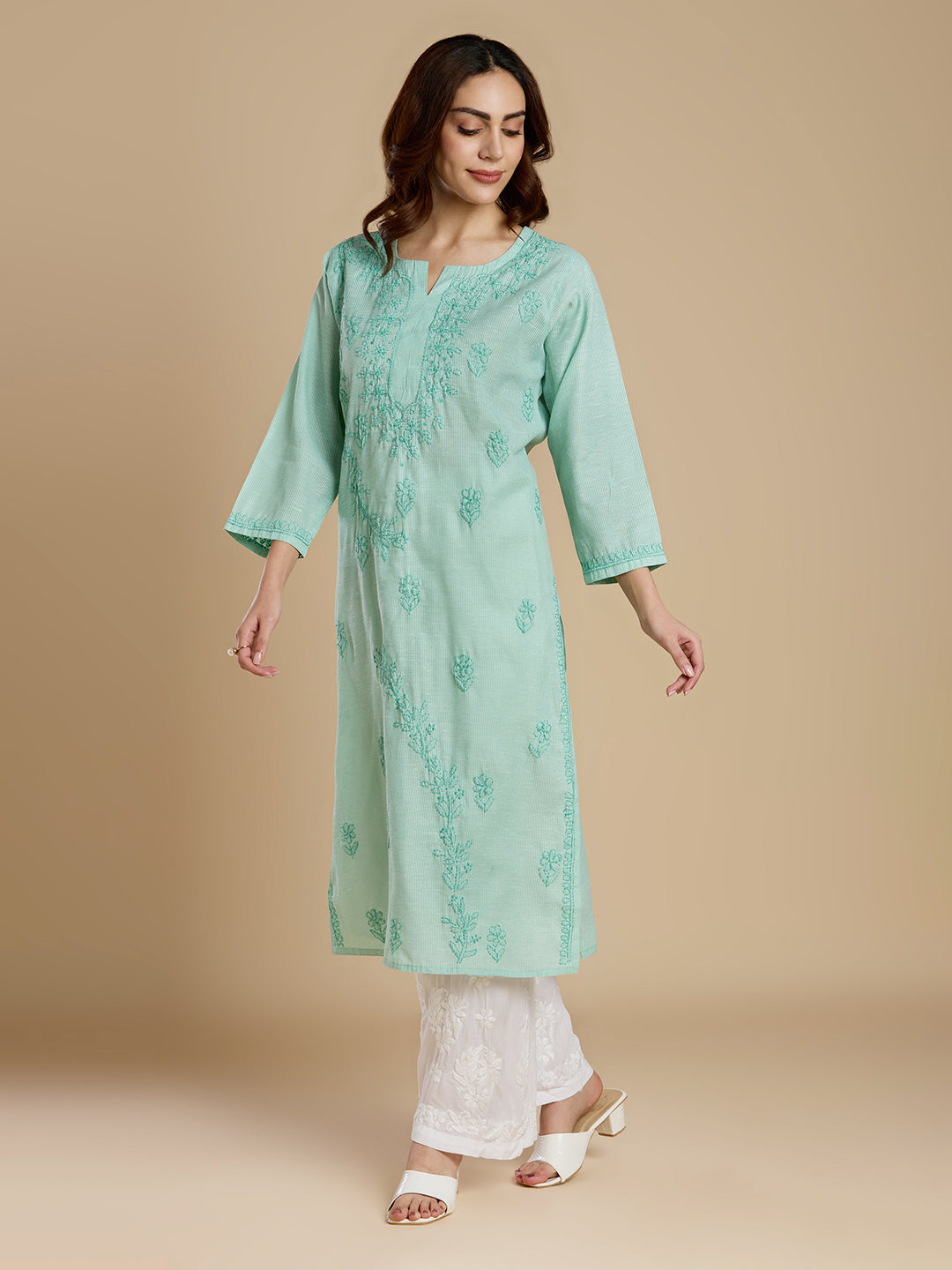 Mint Green Linen Cotton Lucknowi Chikankari Kurta