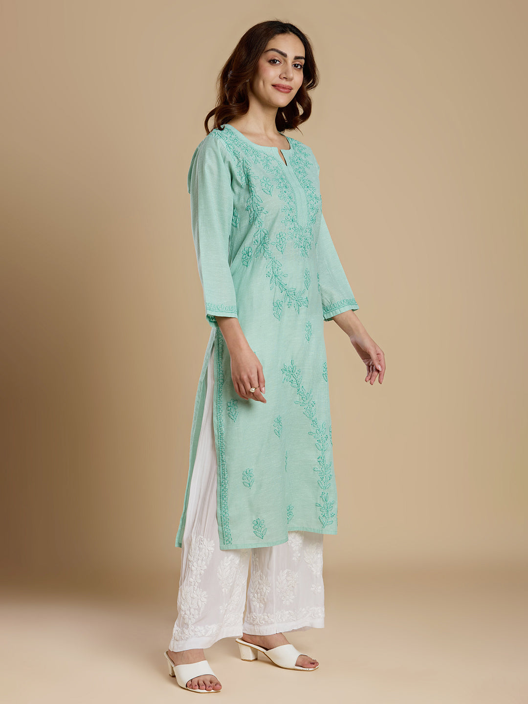 Mint Green Linen Cotton Lucknowi Chikankari Kurta