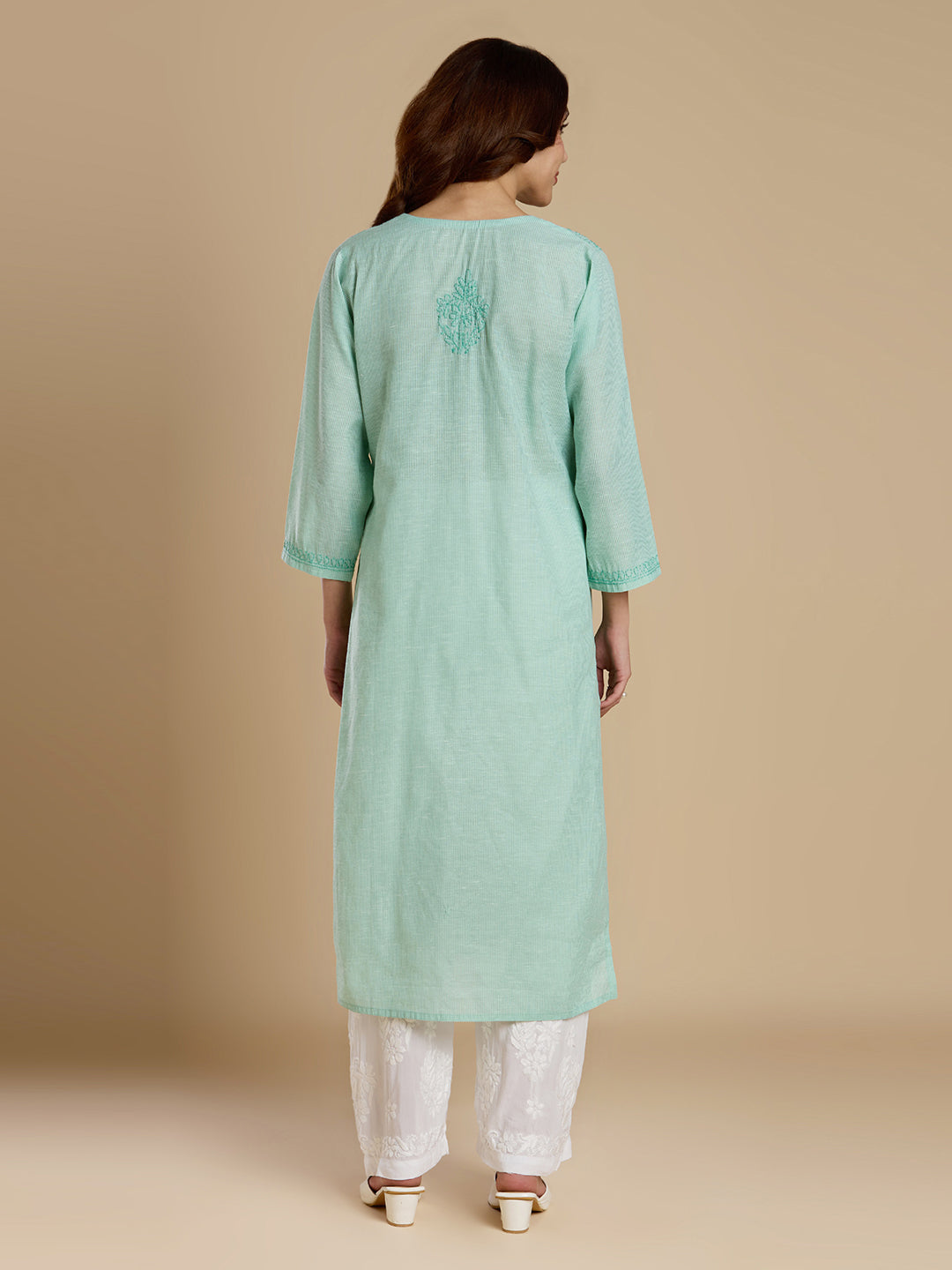 Mint Green Linen Cotton Lucknowi Chikankari Kurta