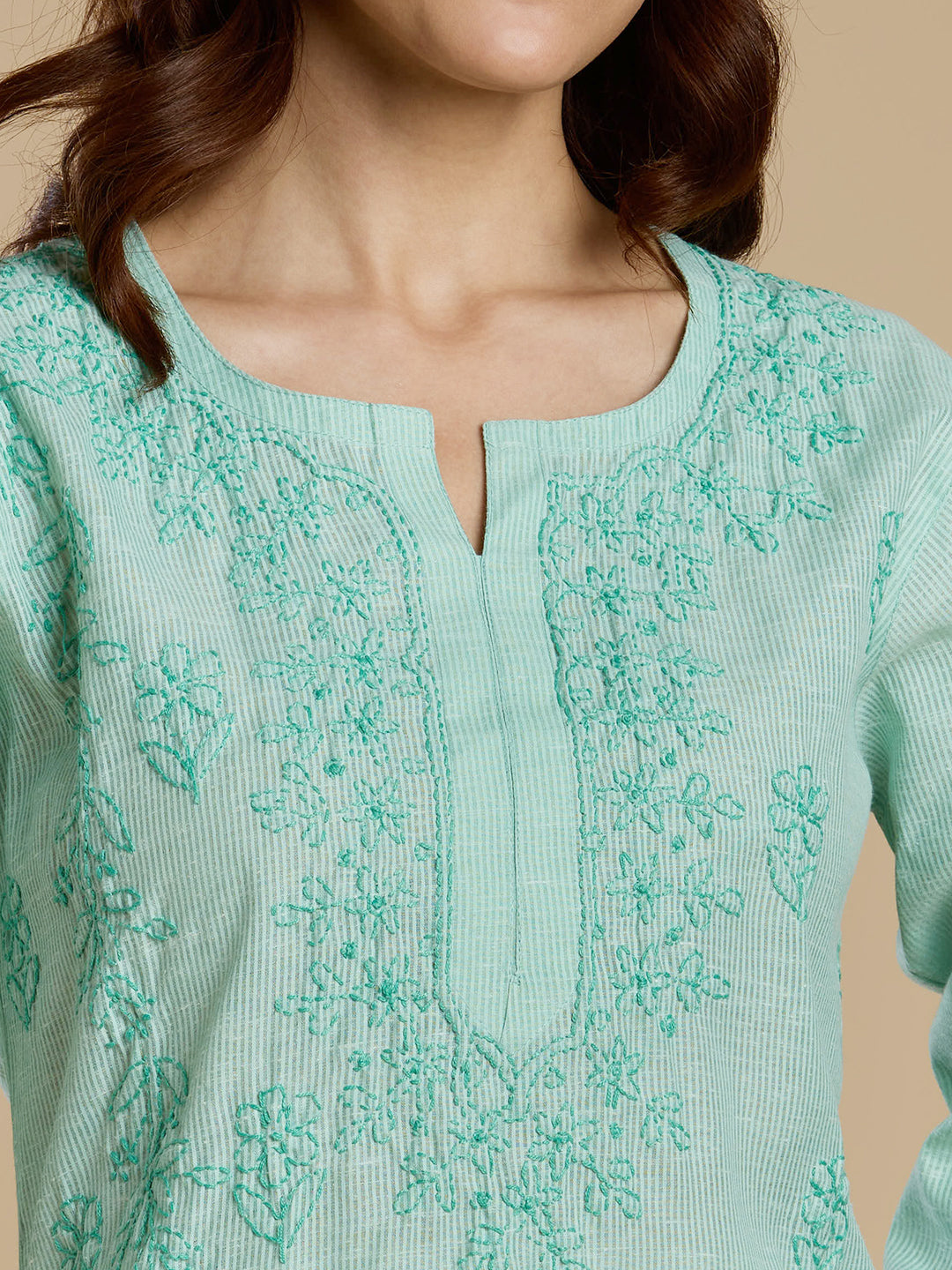 Mint Green Linen Cotton Lucknowi Chikankari Kurta