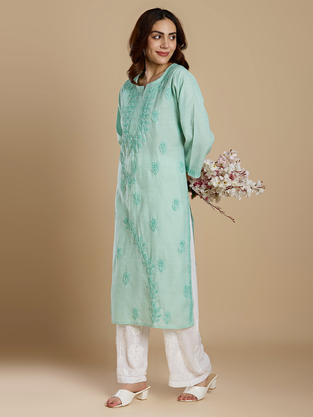 Mint Green Linen Cotton Lucknowi Chikankari Kurta