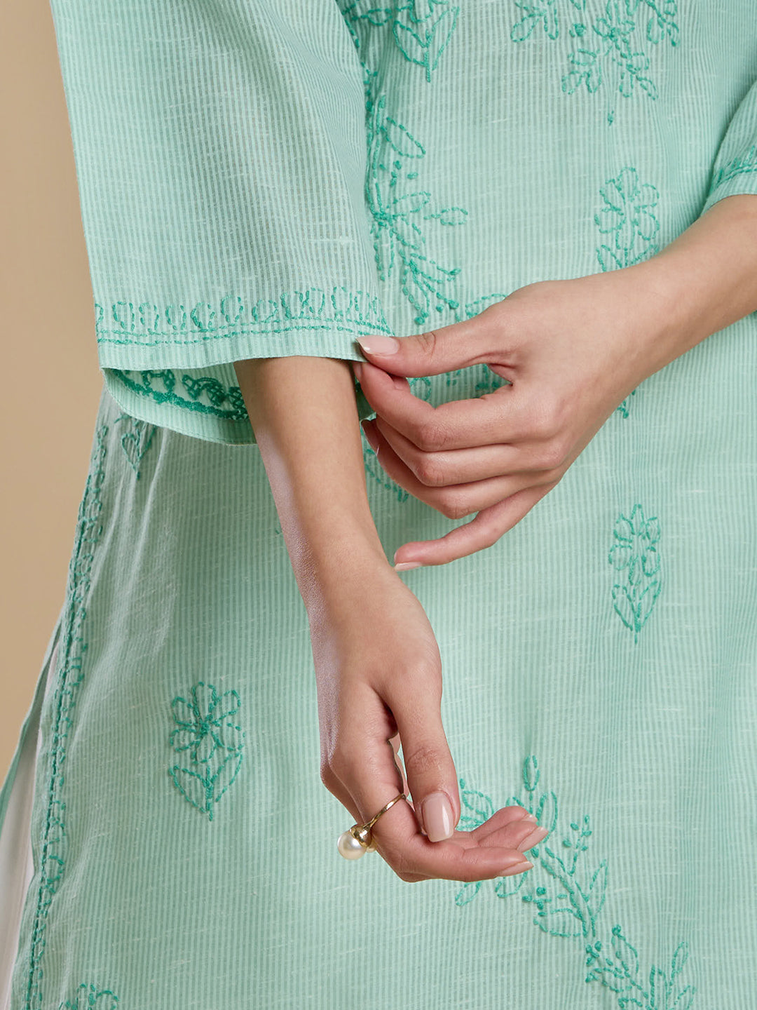 Mint Green Linen Cotton Lucknowi Chikankari Kurta