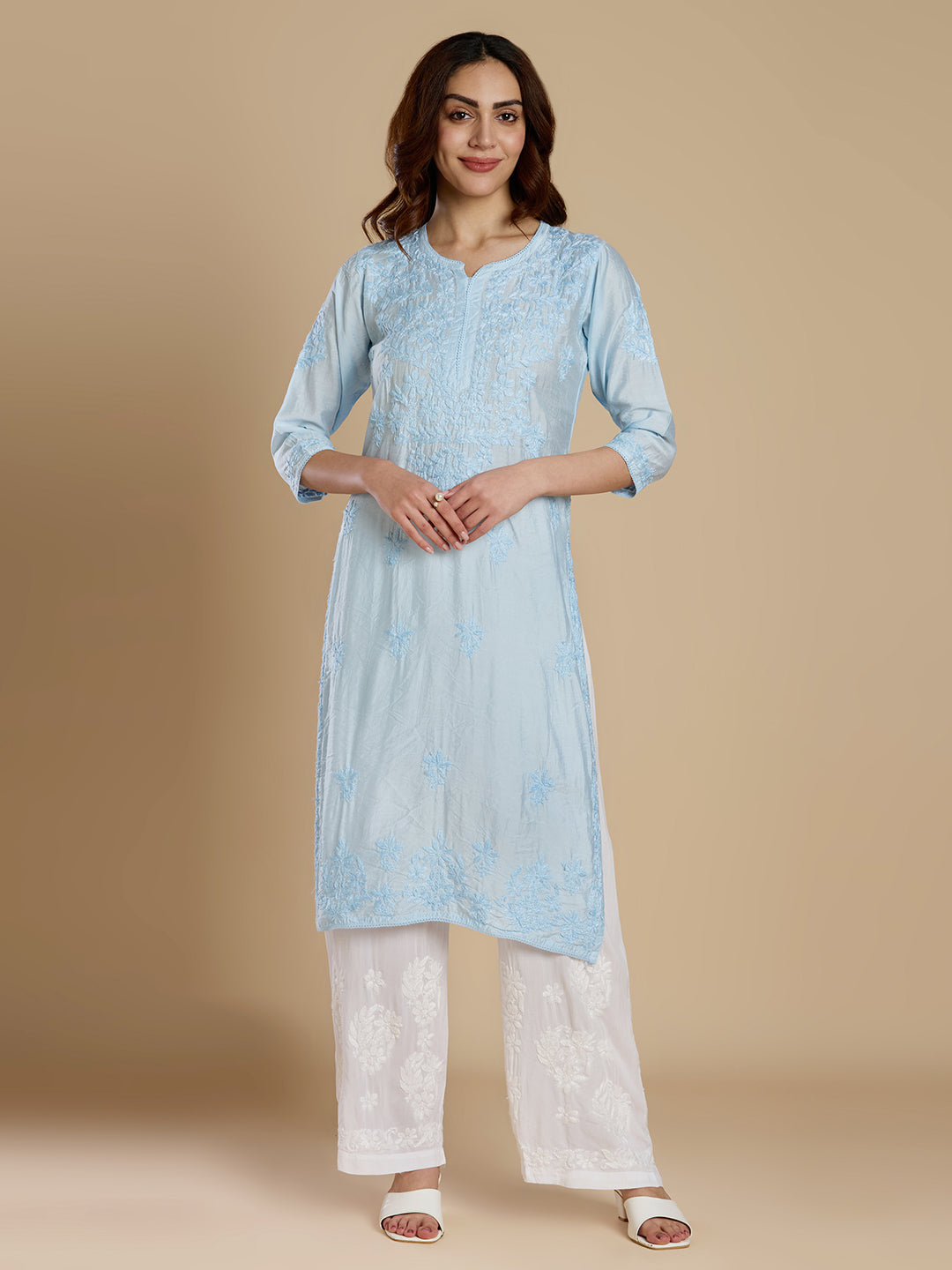 Sky Blue Chanderi Lucknowi Chikankari Kurta