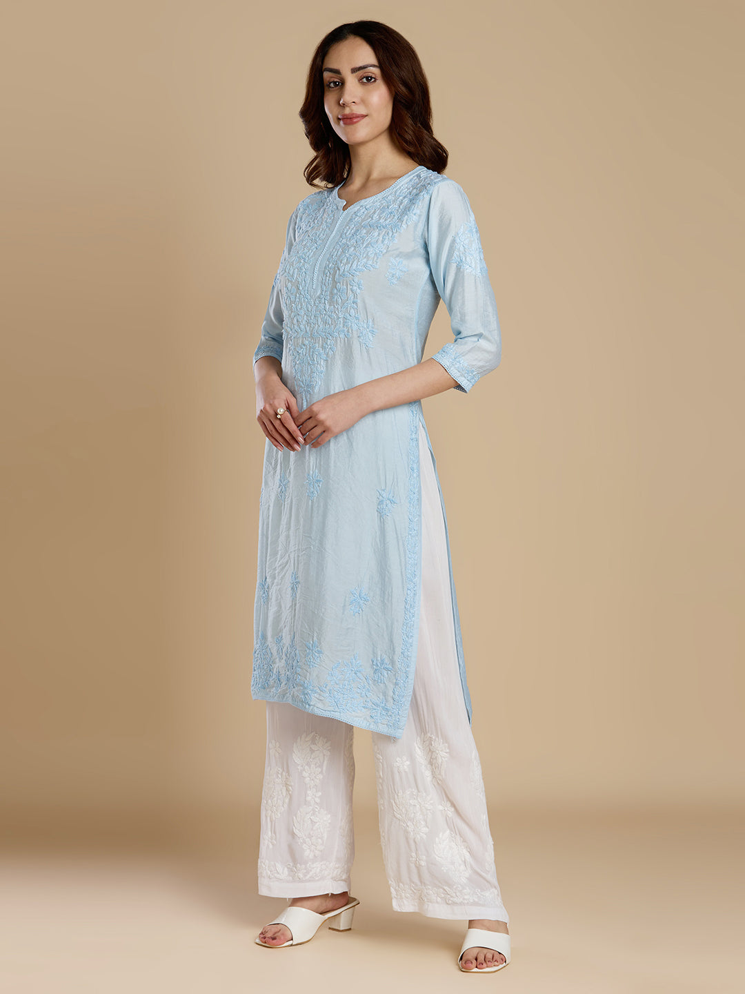 Sky Blue Chanderi Lucknowi Chikankari Kurta