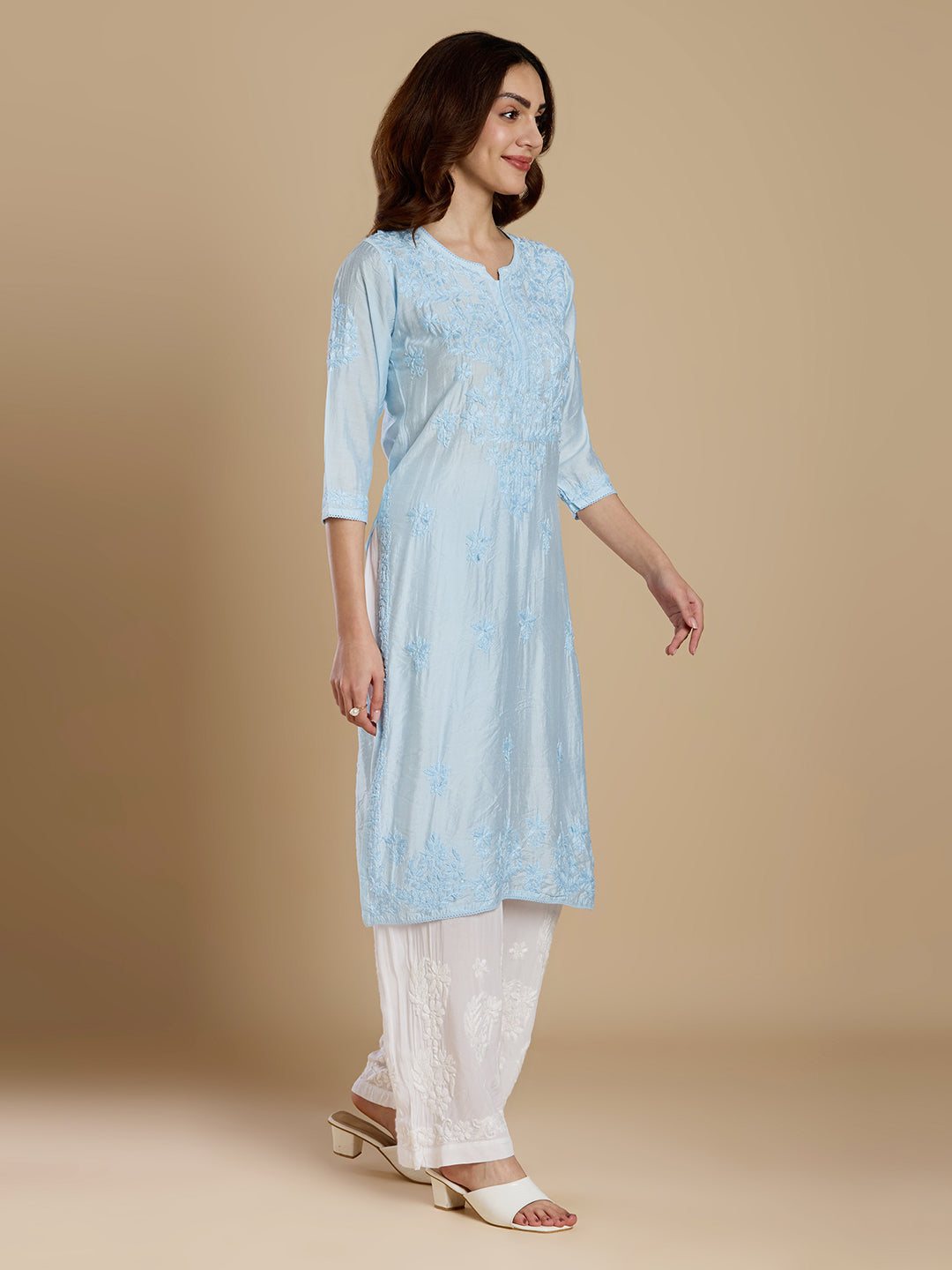 Sky Blue Chanderi Lucknowi Chikankari Kurta