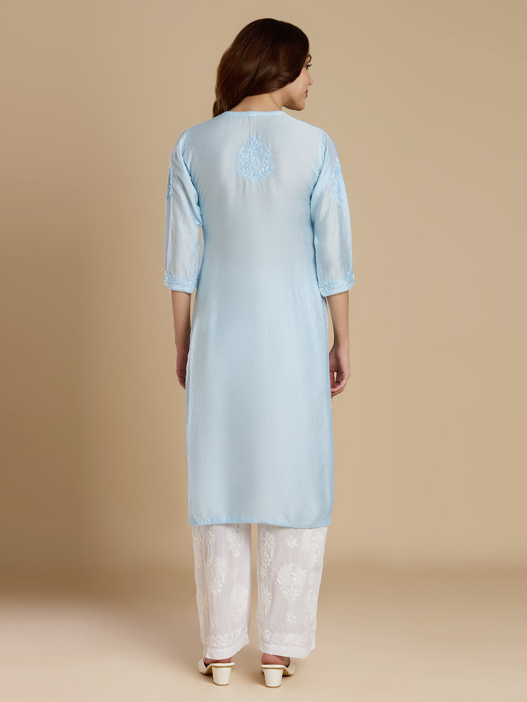 Sky Blue Chanderi Lucknowi Chikankari Kurta
