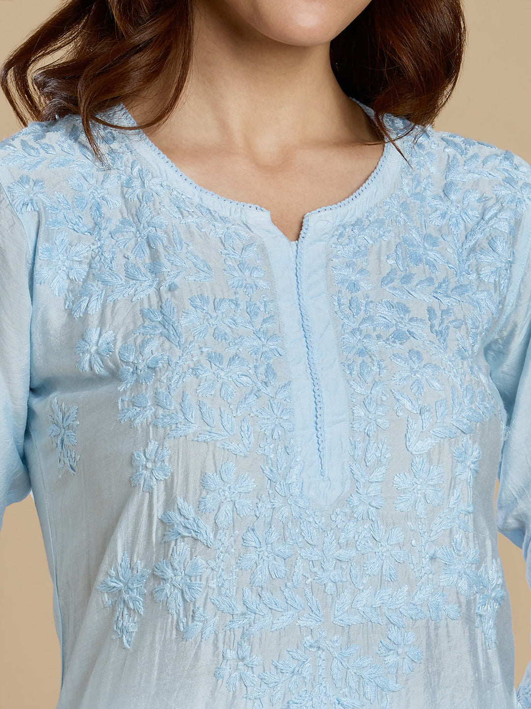 Sky Blue Chanderi Lucknowi Chikankari Kurta