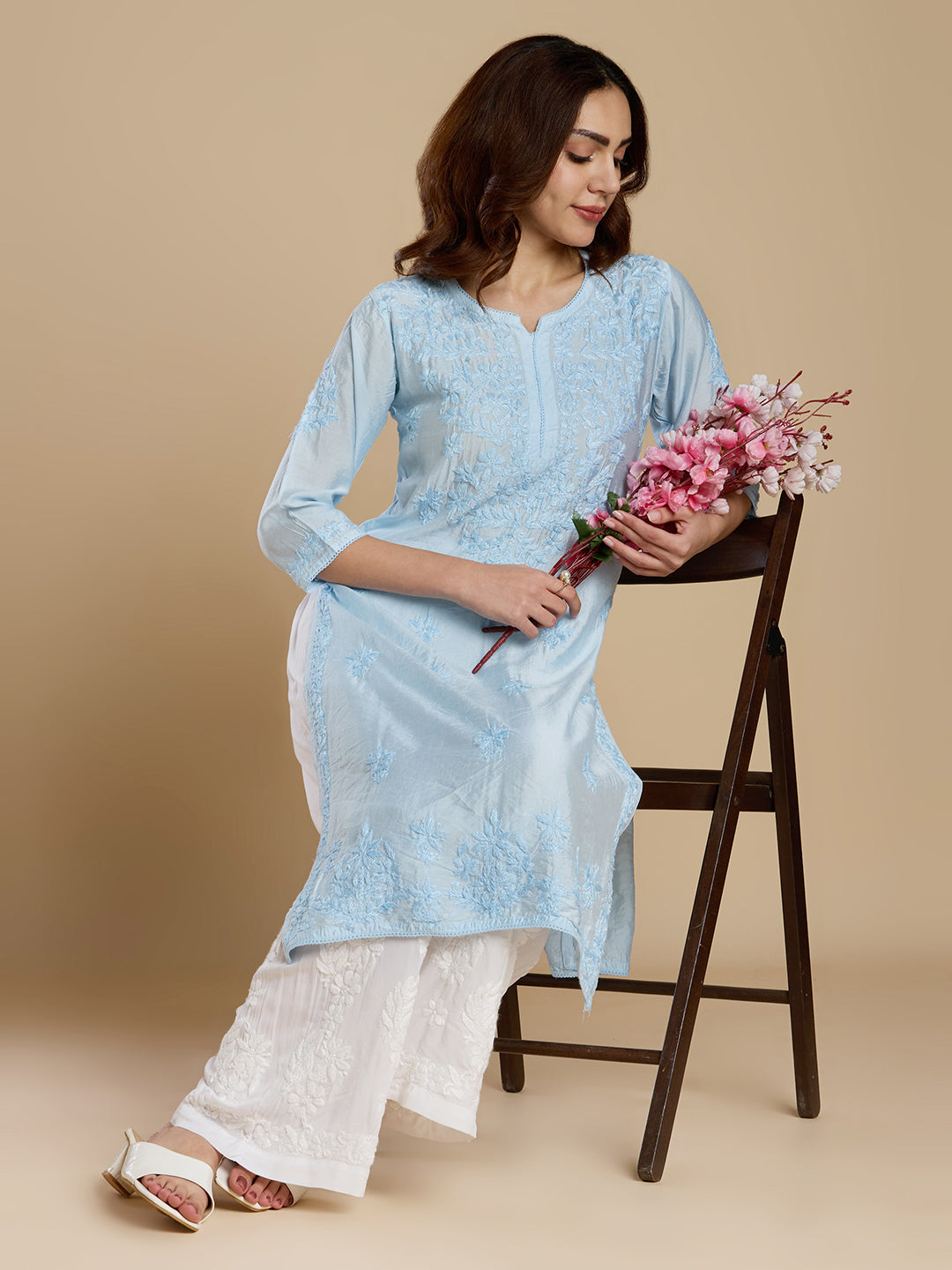 Sky Blue Chanderi Lucknowi Chikankari Kurta