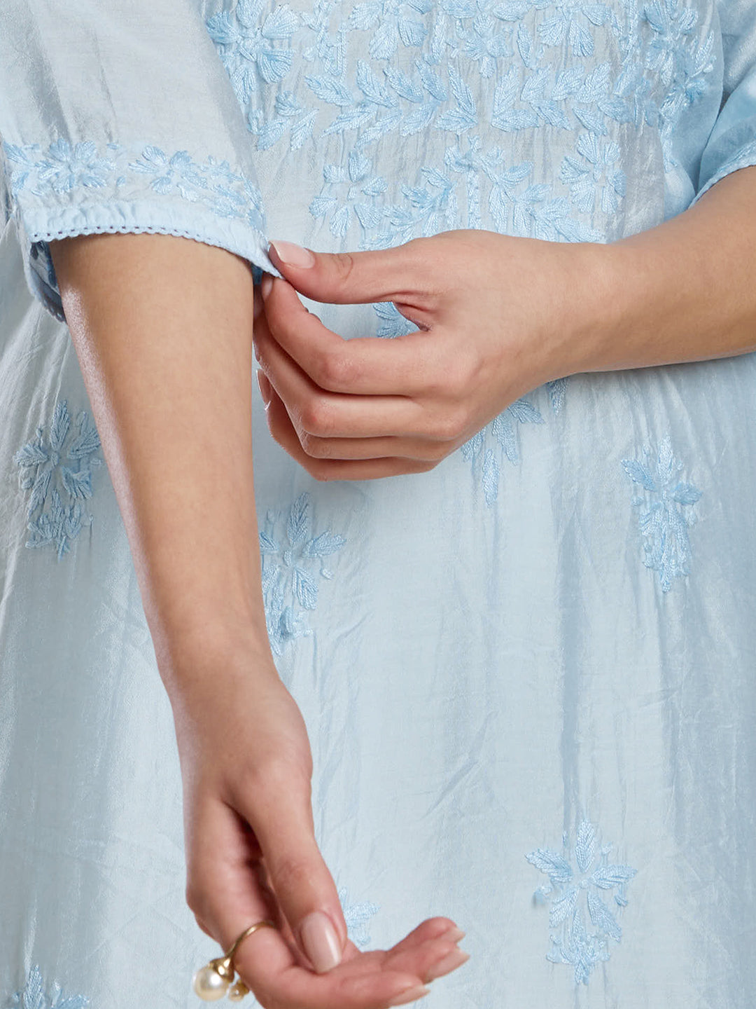 Sky Blue Chanderi Lucknowi Chikankari Kurta