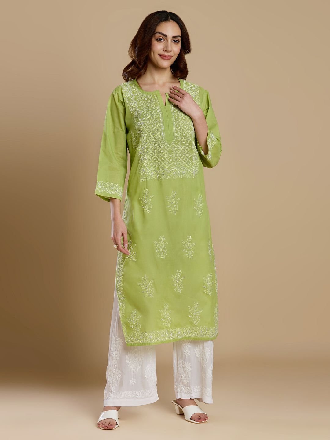 Lime Green Voil Cotton Lucknowi Chikankari Kurta