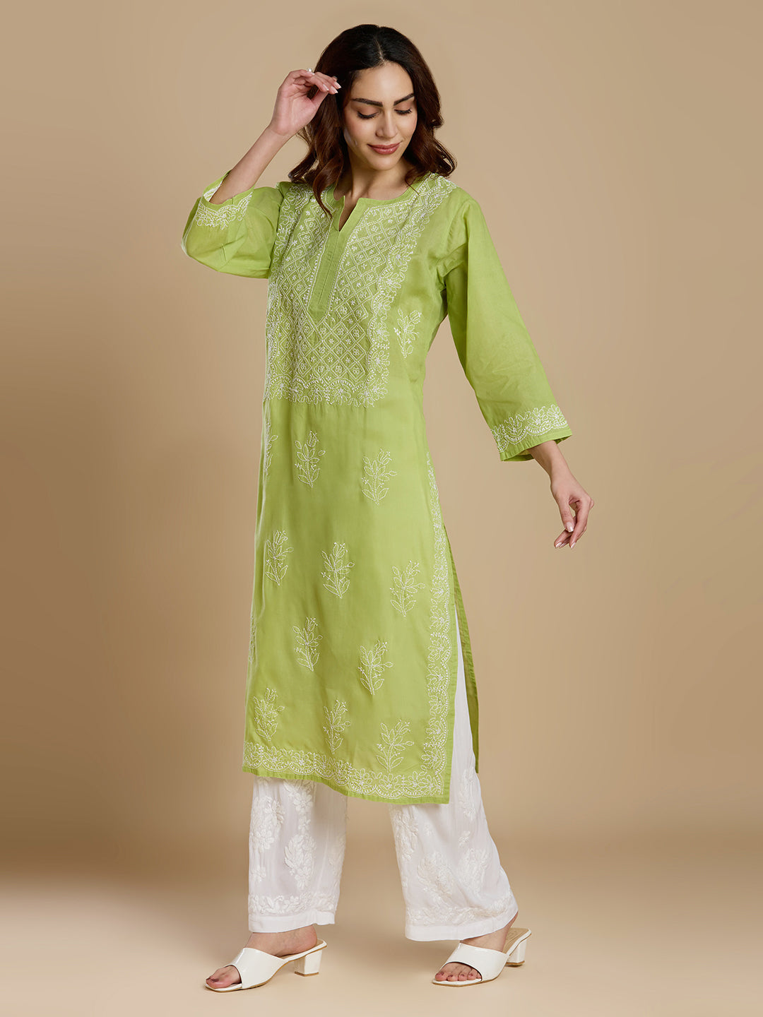Lime Green Voil Cotton Lucknowi Chikankari Kurta