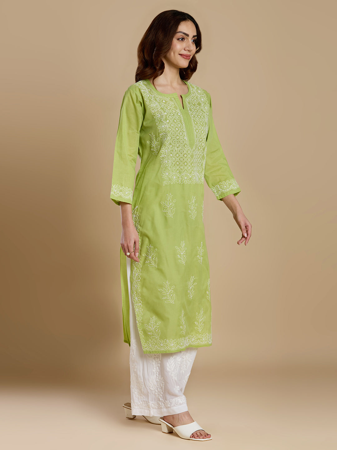Lime Green Voil Cotton Lucknowi Chikankari Kurta