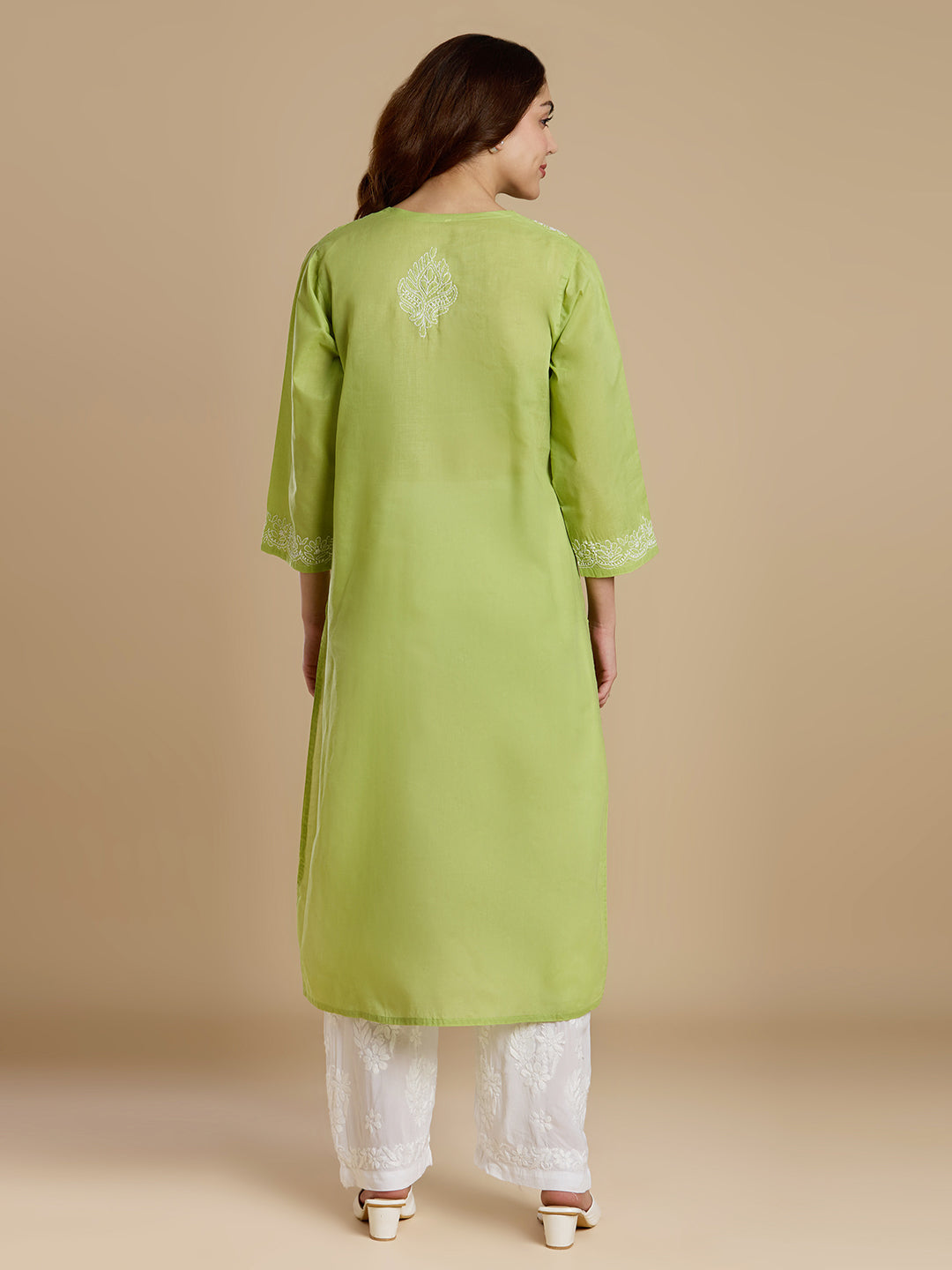 Lime Green Voil Cotton Lucknowi Chikankari Kurta