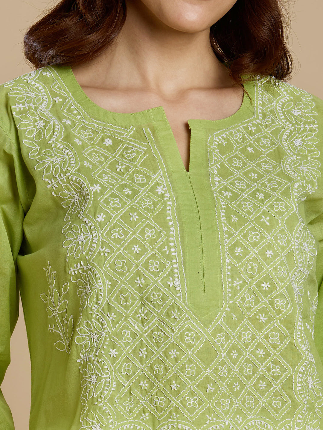 Lime Green Voil Cotton Lucknowi Chikankari Kurta