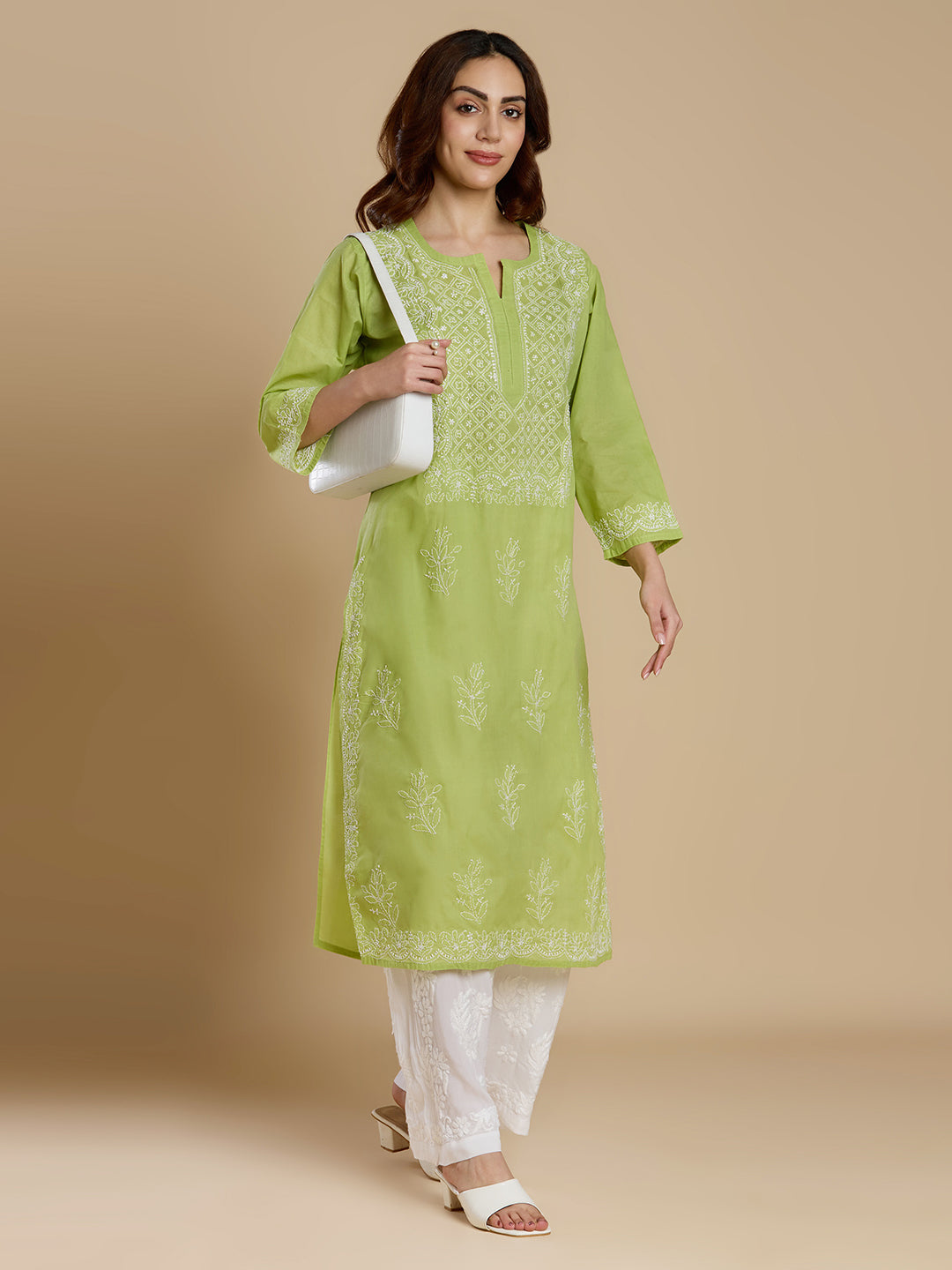 Lime Green Voil Cotton Lucknowi Chikankari Kurta