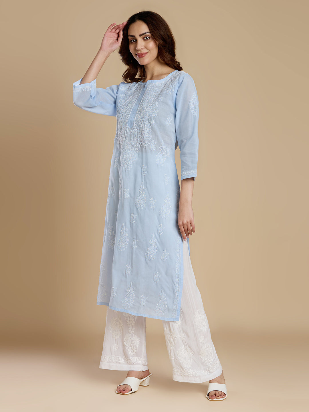 Powder Blue Voil Cotton Lucknowi Chikankari Kurta