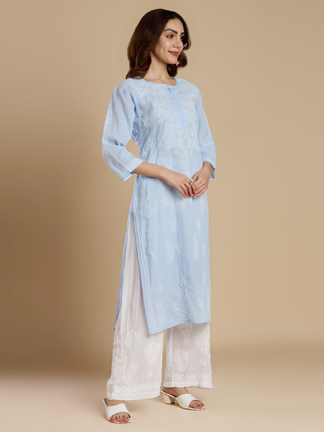Powder Blue Voil Cotton Lucknowi Chikankari Kurta