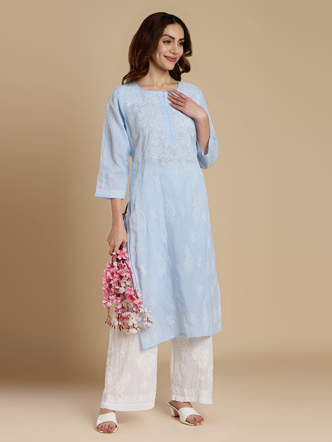 Powder Blue Voil Cotton Lucknowi Chikankari Kurta