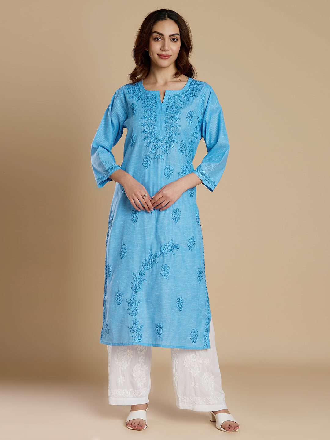 Bright Blue Linen Cotton Lucknowi Chikankari Kurta