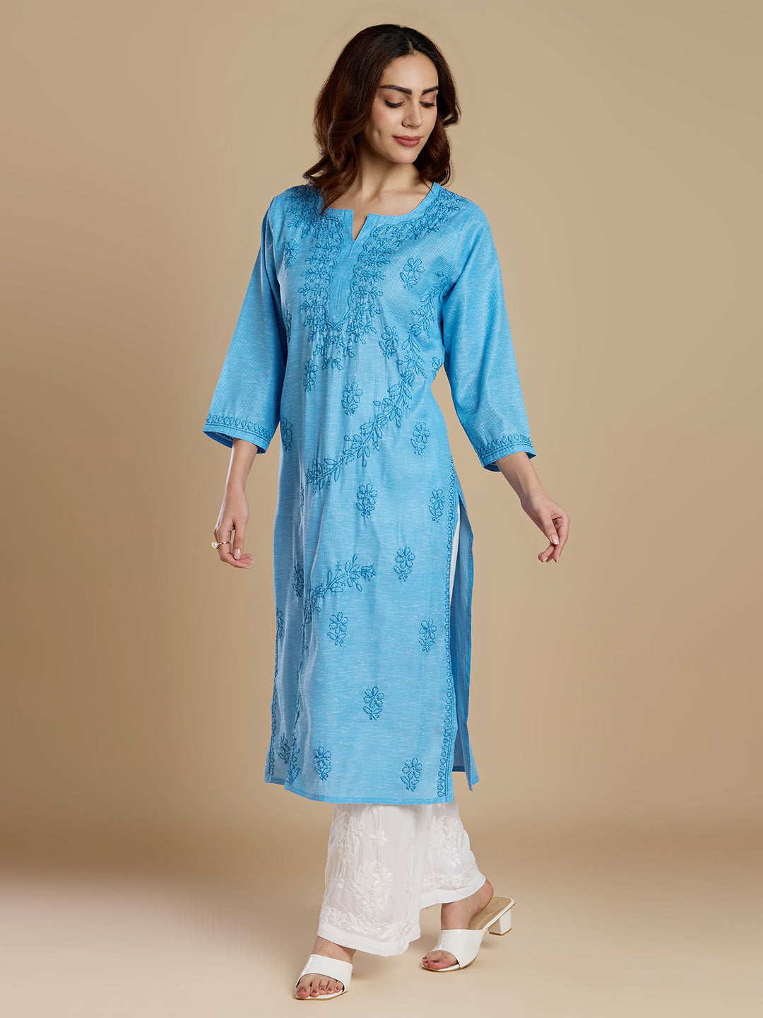 Bright Blue Linen Cotton Lucknowi Chikankari Kurta