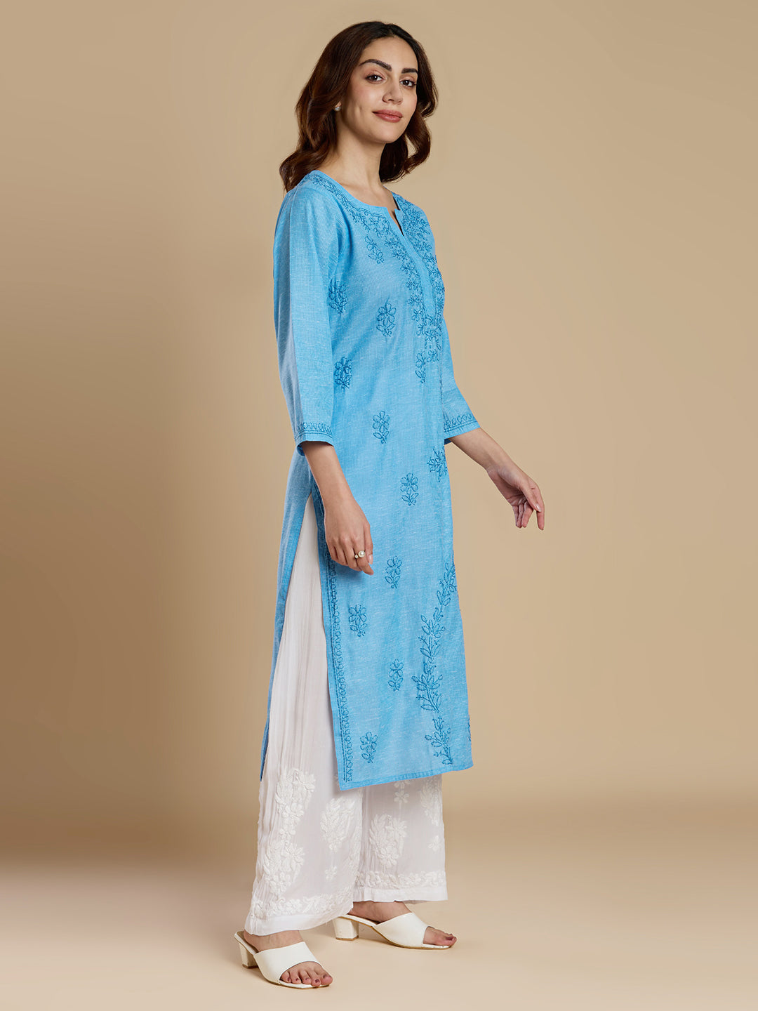 Bright Blue Linen Cotton Lucknowi Chikankari Kurta