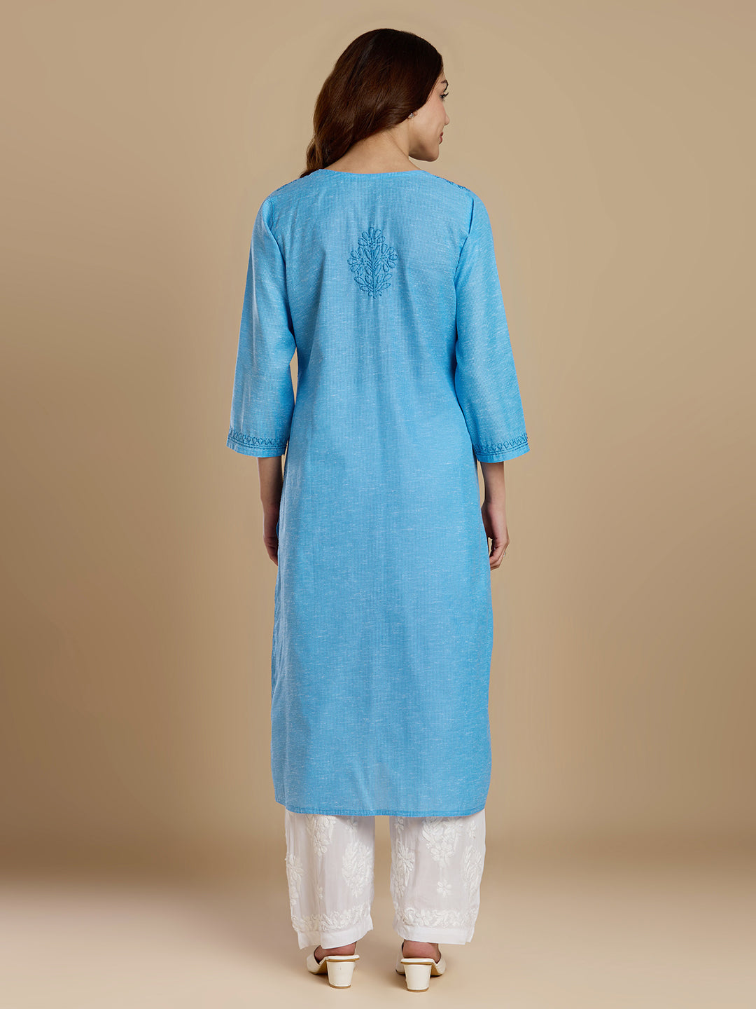Bright Blue Linen Cotton Lucknowi Chikankari Kurta