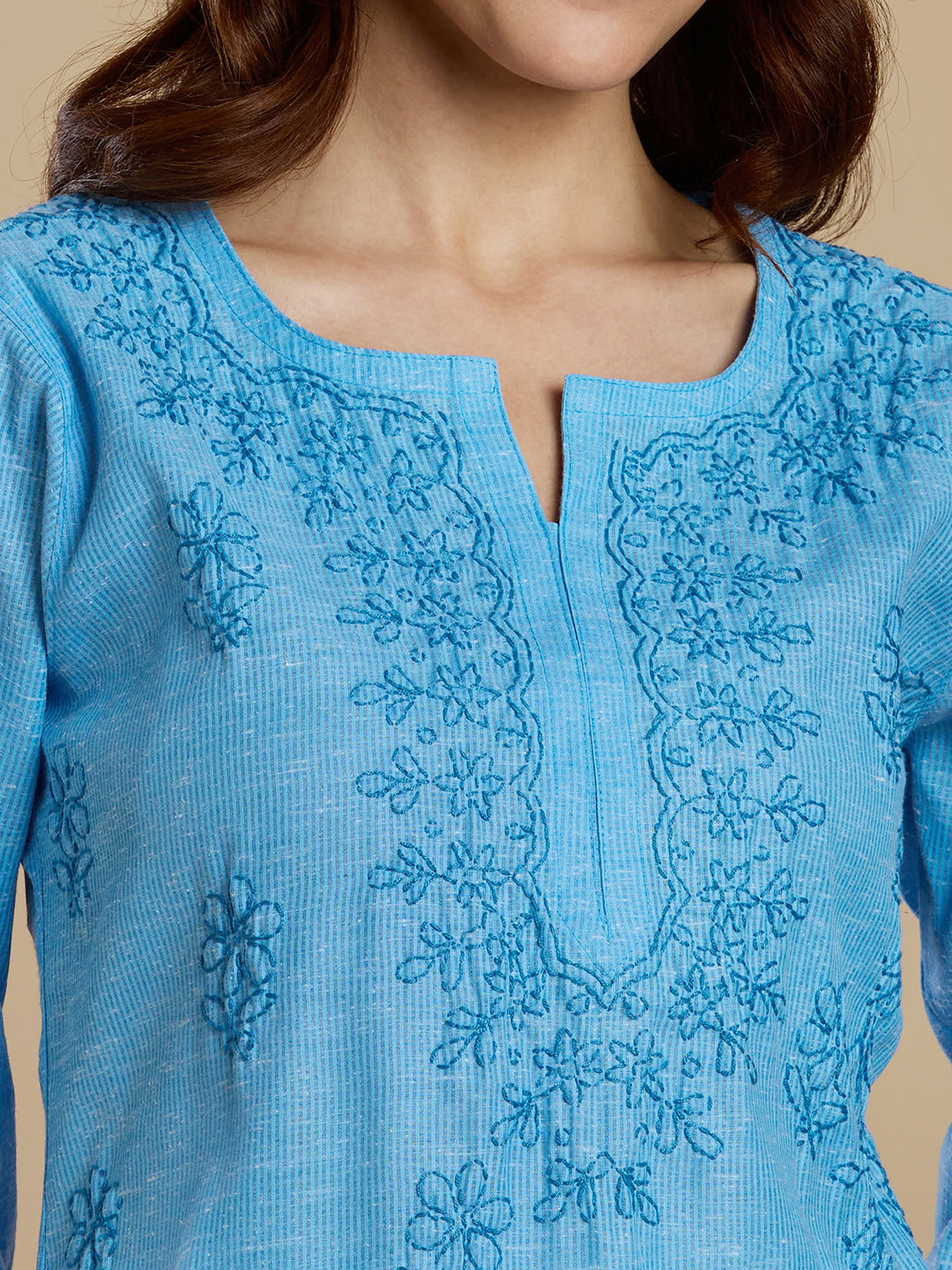 Bright Blue Linen Cotton Lucknowi Chikankari Kurta