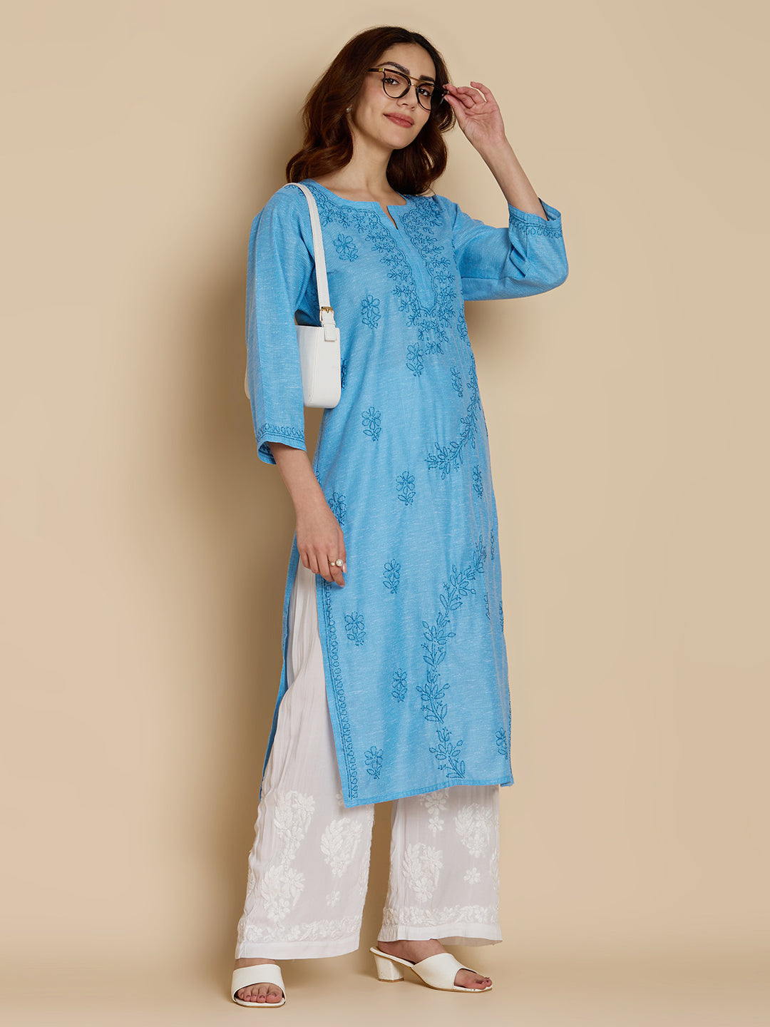 Bright Blue Linen Cotton Lucknowi Chikankari Kurta
